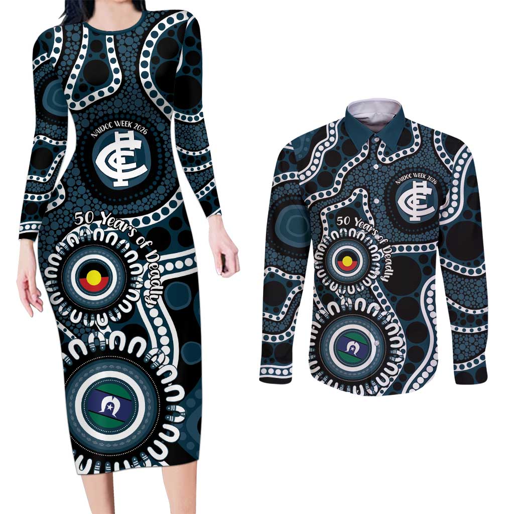 Carlton NAIDOC Week 2026 Personalised Couples Matching Long Sleeve Bodycon Dress and Long Sleeve Button Shirt 50 Years of Deadly Aboriginal Art