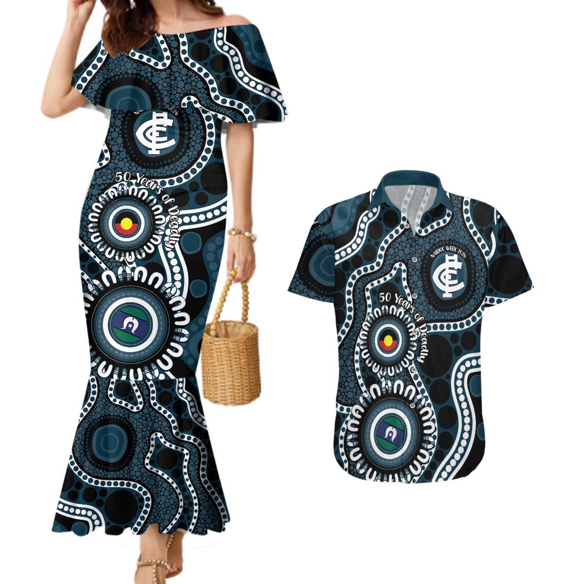 Carlton NAIDOC Week 2026 Personalised Couples Matching Mermaid Dress and Hawaiian Shirt 50 Years of Deadly Aboriginal Art