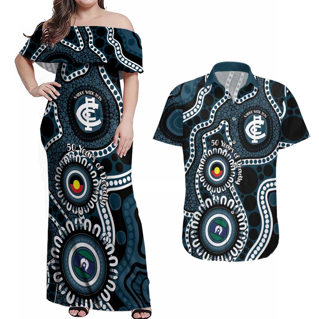 Carlton NAIDOC Week 2026 Personalised Couples Matching Off Shoulder Maxi Dress and Hawaiian Shirt 50 Years of Deadly Aboriginal Art