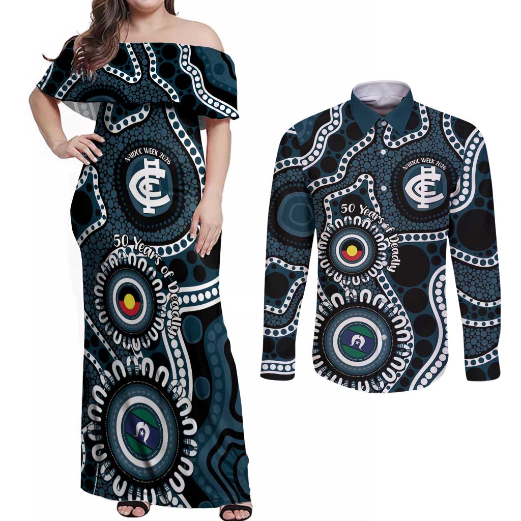 Carlton NAIDOC Week 2026 Personalised Couples Matching Off Shoulder Maxi Dress and Long Sleeve Button Shirt 50 Years of Deadly Aboriginal Art