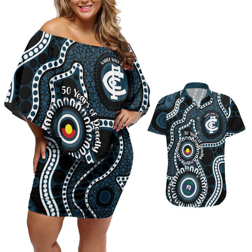 Carlton NAIDOC Week 2026 Personalised Couples Matching Off Shoulder Short Dress and Hawaiian Shirt 50 Years of Deadly Aboriginal Art