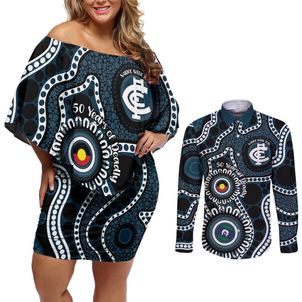 Carlton NAIDOC Week 2026 Personalised Couples Matching Off Shoulder Short Dress and Long Sleeve Button Shirt 50 Years of Deadly Aboriginal Art