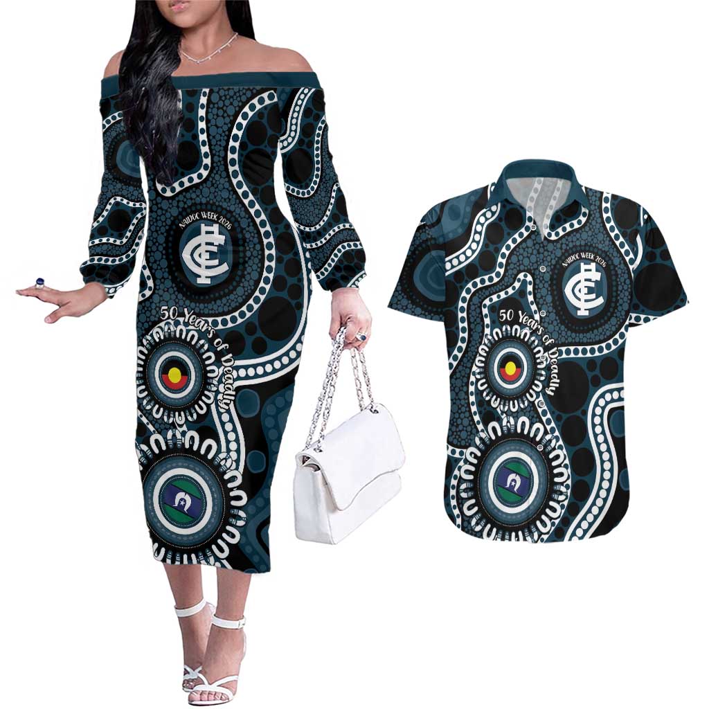 Carlton NAIDOC Week 2026 Personalised Couples Matching Off The Shoulder Long Sleeve Dress and Hawaiian Shirt 50 Years of Deadly Aboriginal Art