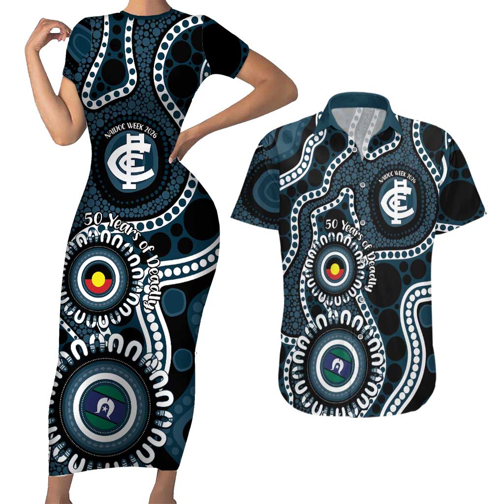 Carlton NAIDOC Week 2026 Personalised Couples Matching Short Sleeve Bodycon Dress and Hawaiian Shirt 50 Years of Deadly Aboriginal Art