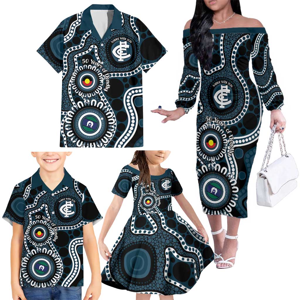 Carlton NAIDOC Week 2026 Personalised Family Matching Off The Shoulder Long Sleeve Dress and Hawaiian Shirt 50 Years of Deadly Aboriginal Art