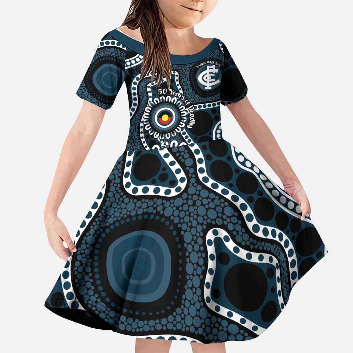 Carlton NAIDOC Week 2026 Personalised Kid Short Sleeve Dress 50 Years of Deadly Aboriginal Art