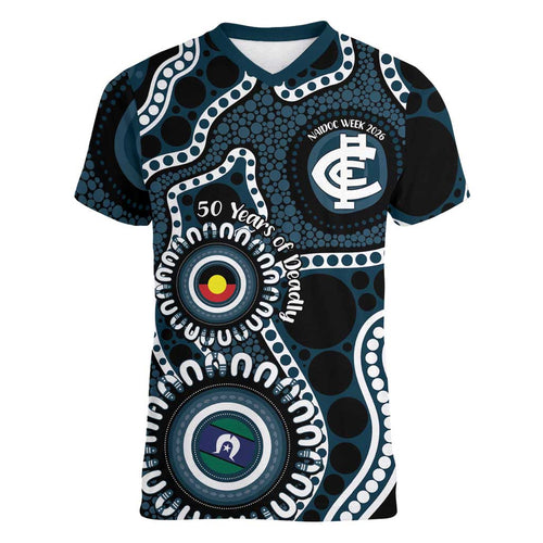 Carlton NAIDOC Week 2026 Personalised Women V-Neck T-Shirt 50 Years of Deadly Aboriginal Art