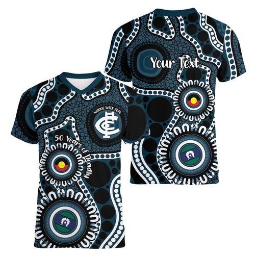 Carlton NAIDOC Week 2026 Personalised Women V-Neck T-Shirt 50 Years of Deadly Aboriginal Art