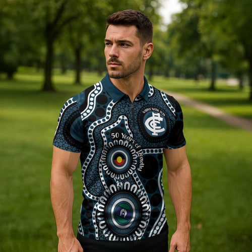 Carlton NAIDOC Week 2026 Personalised Zipper Polo Shirt 50 Years of Deadly Aboriginal Art