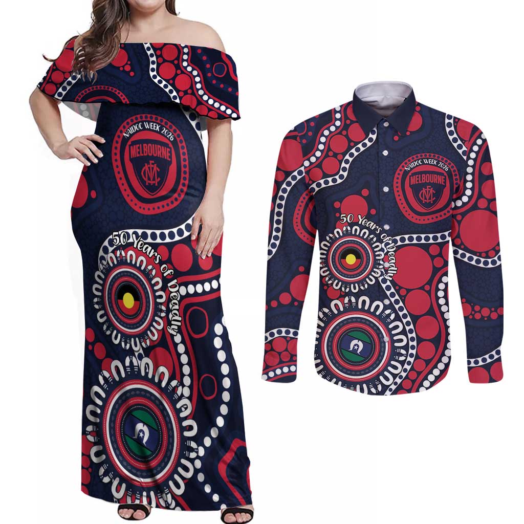 Melbourne NAIDOC Week 2026 Personalised Couples Matching Off Shoulder Maxi Dress and Long Sleeve Button Shirt 50 Years of Deadly Aboriginal Art