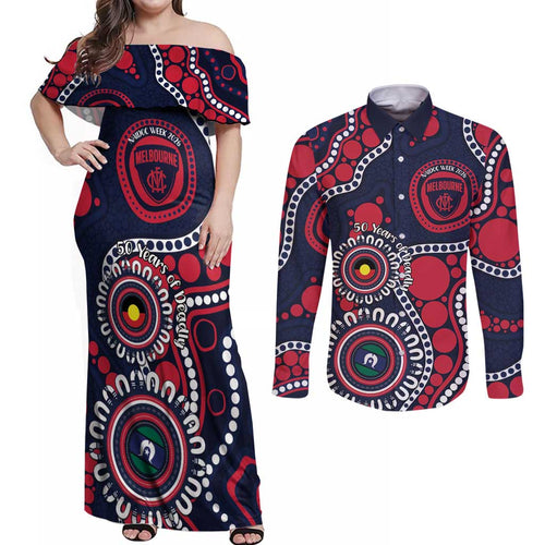 Melbourne NAIDOC Week 2026 Personalised Couples Matching Off Shoulder Maxi Dress and Long Sleeve Button Shirt 50 Years of Deadly Aboriginal Art