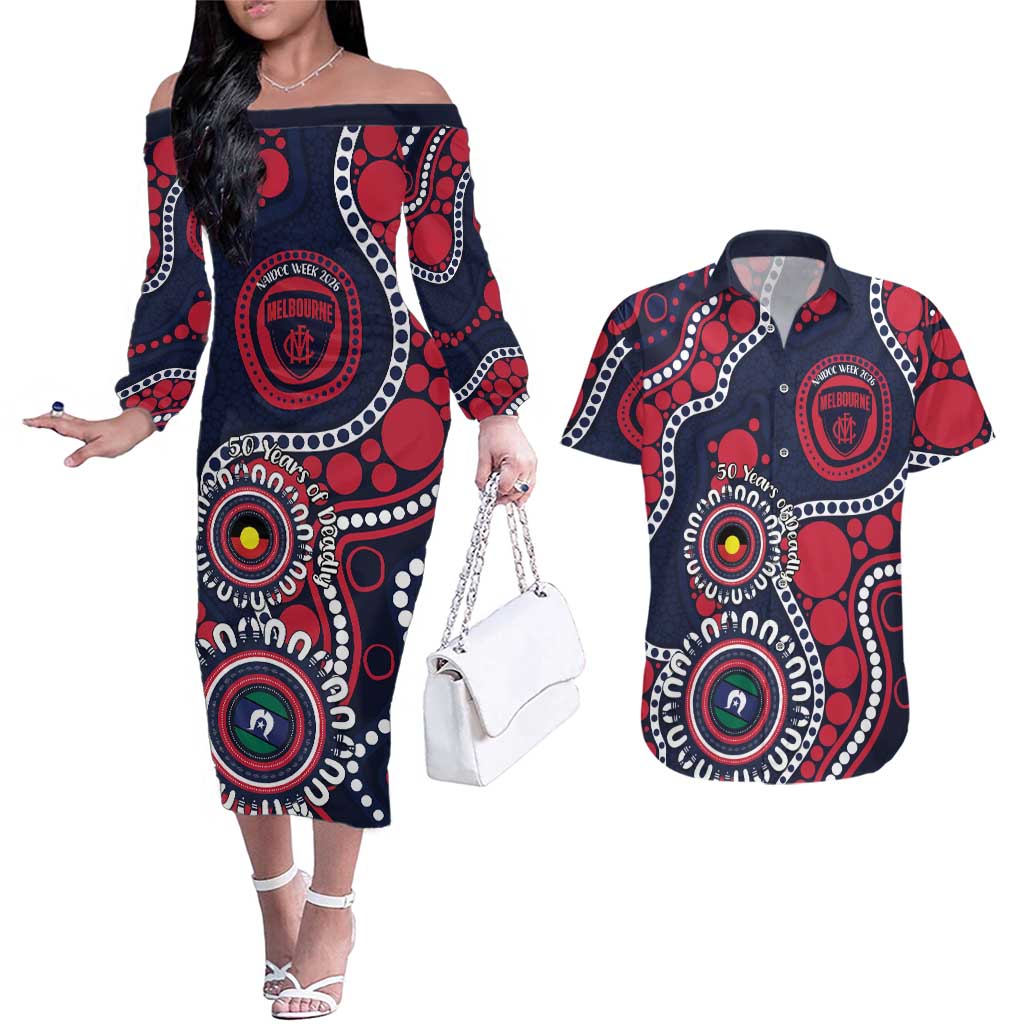 Melbourne NAIDOC Week 2026 Personalised Couples Matching Off The Shoulder Long Sleeve Dress and Hawaiian Shirt 50 Years of Deadly Aboriginal Art