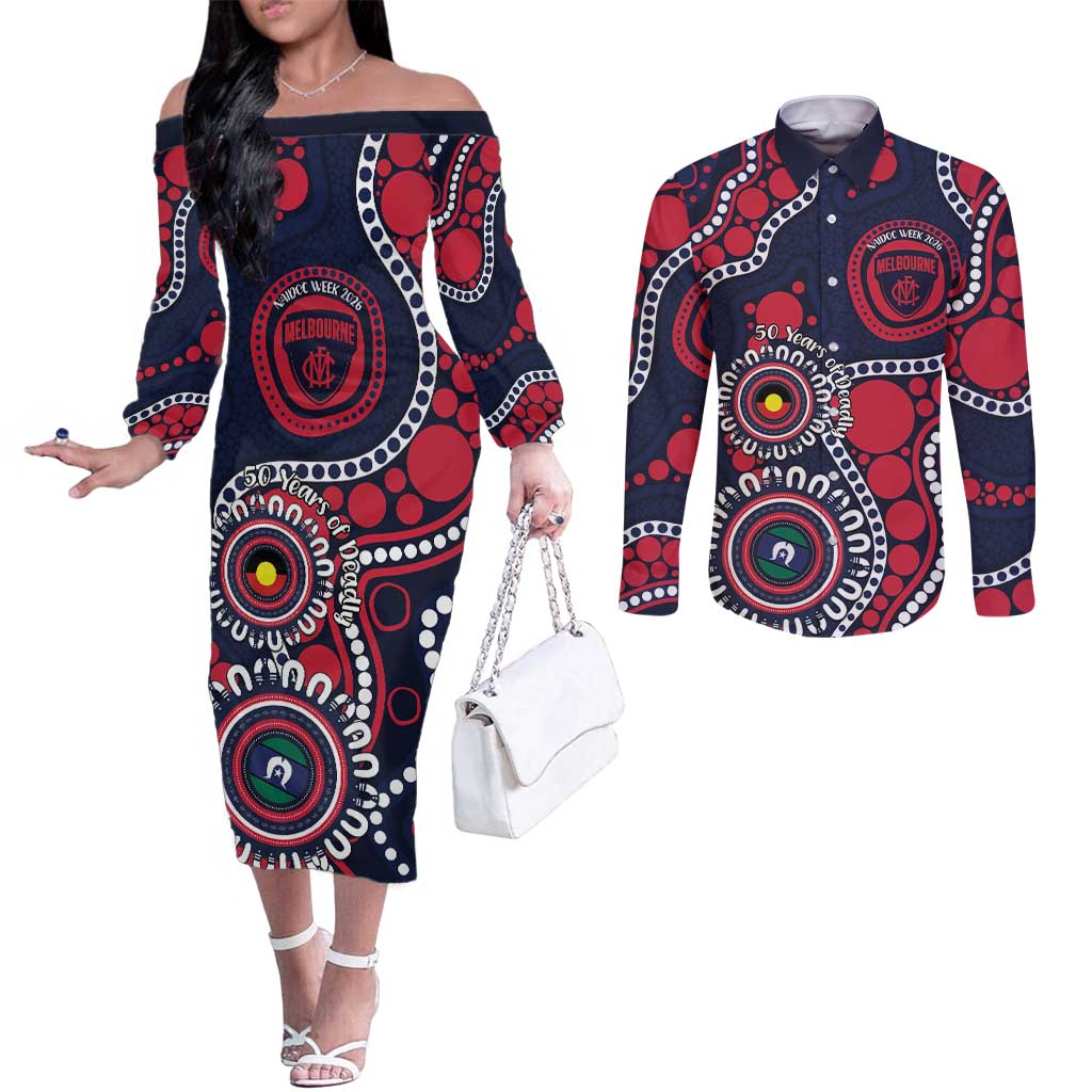 Melbourne NAIDOC Week 2026 Personalised Couples Matching Off The Shoulder Long Sleeve Dress and Long Sleeve Button Shirt 50 Years of Deadly Aboriginal Art