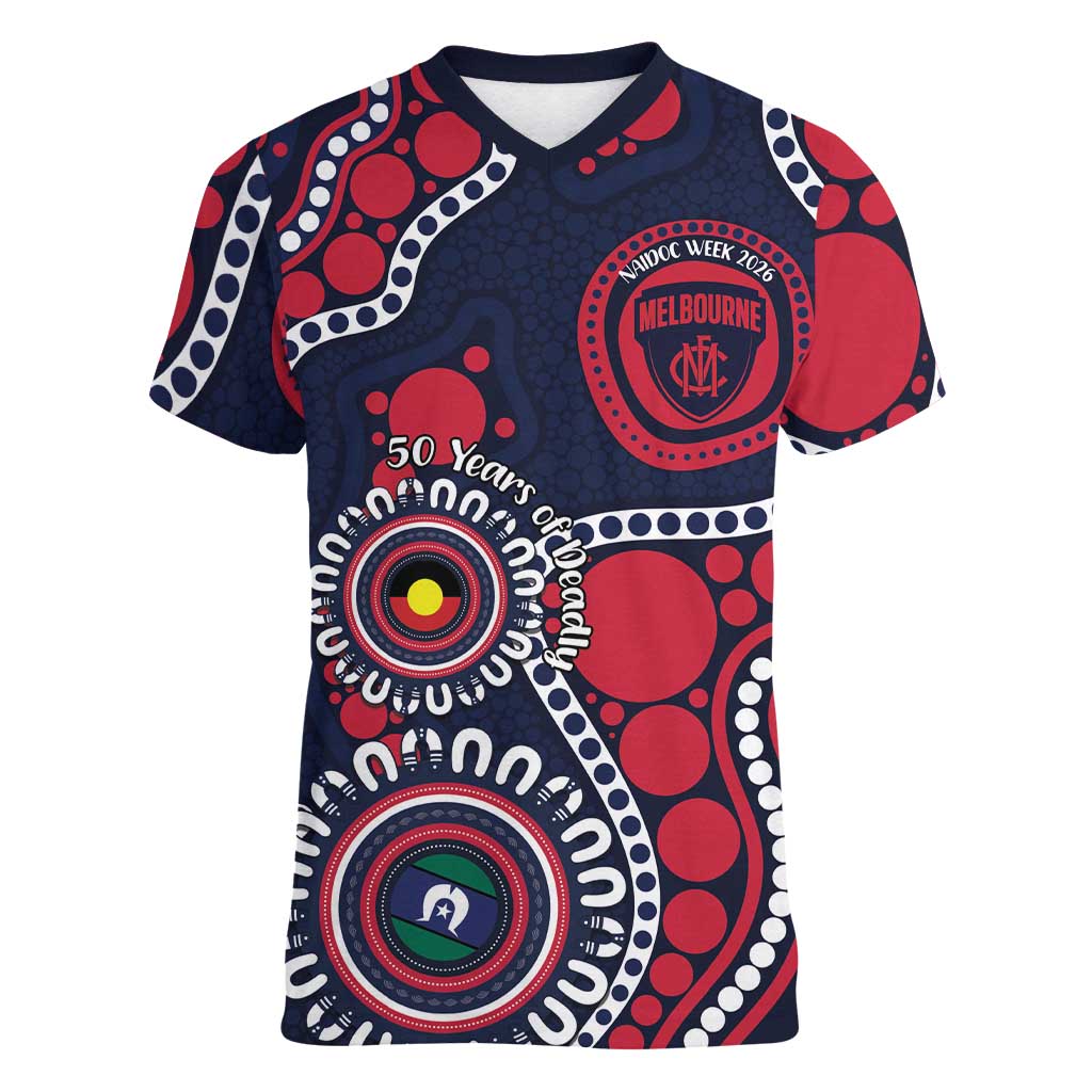 Melbourne NAIDOC Week 2026 Personalised Women V-Neck T-Shirt 50 Years of Deadly Aboriginal Art