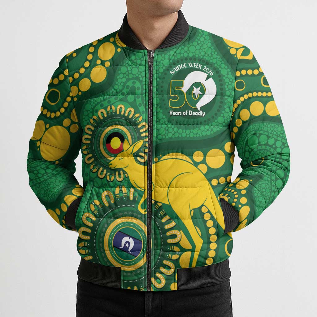 Bowls Australia NAIDOC Week 2026 Personalised Bomber Puffer Jacket 50 Years Deadly Kangaroo Indigenous Art
