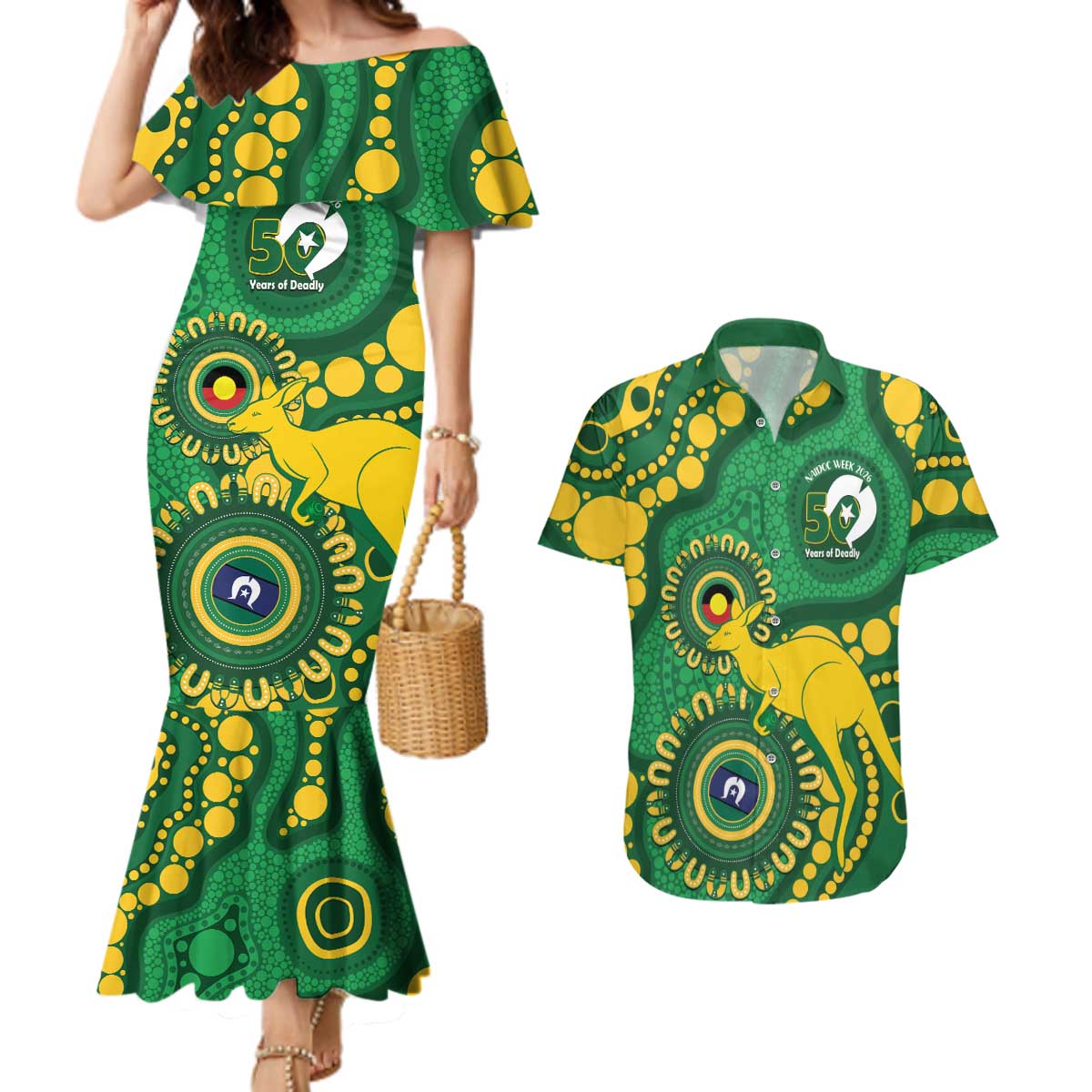 Bowls Australia NAIDOC Week 2026 Personalised Couples Matching Mermaid Dress and Hawaiian Shirt 50 Years Deadly Kangaroo Indigenous Art