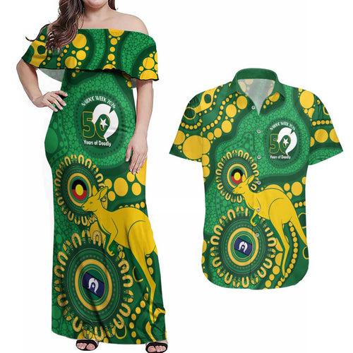Bowls Australia NAIDOC Week 2026 Personalised Couples Matching Off Shoulder Maxi Dress and Hawaiian Shirt 50 Years Deadly Kangaroo Indigenous Art