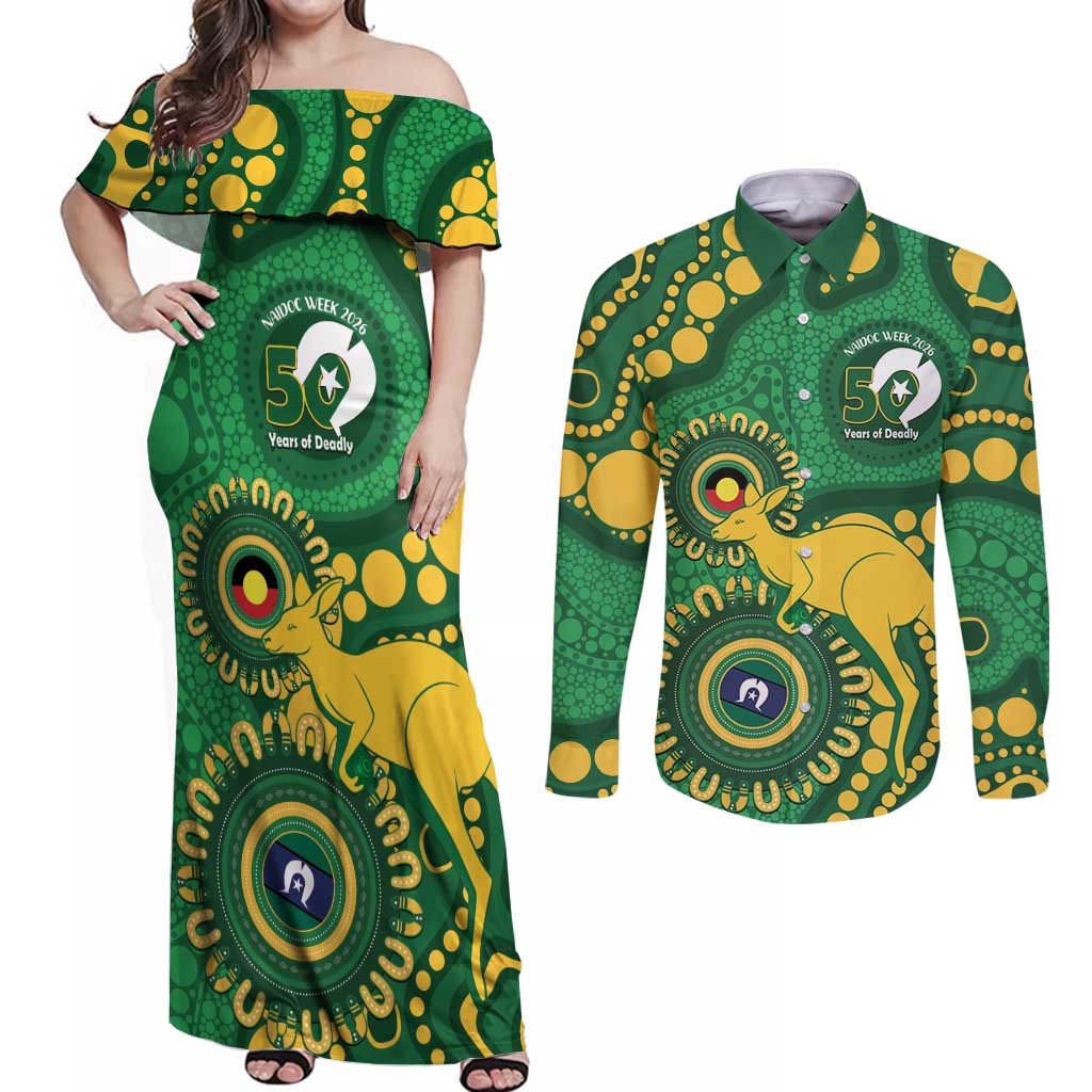 Bowls Australia NAIDOC Week 2026 Personalised Couples Matching Off Shoulder Maxi Dress and Long Sleeve Button Shirt 50 Years Deadly Kangaroo Indigenous Art