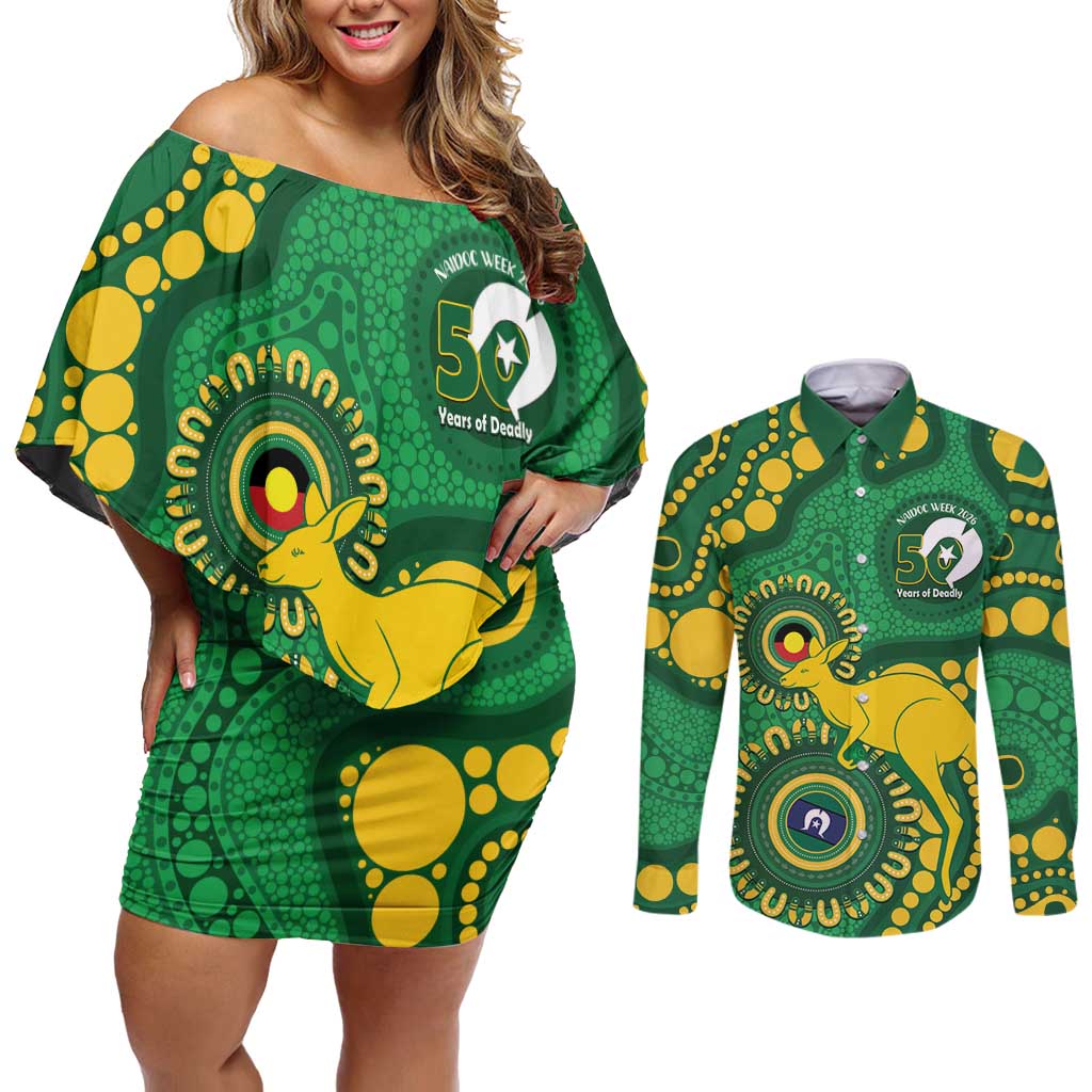 Bowls Australia NAIDOC Week 2026 Personalised Couples Matching Off Shoulder Short Dress and Long Sleeve Button Shirt 50 Years Deadly Kangaroo Indigenous Art