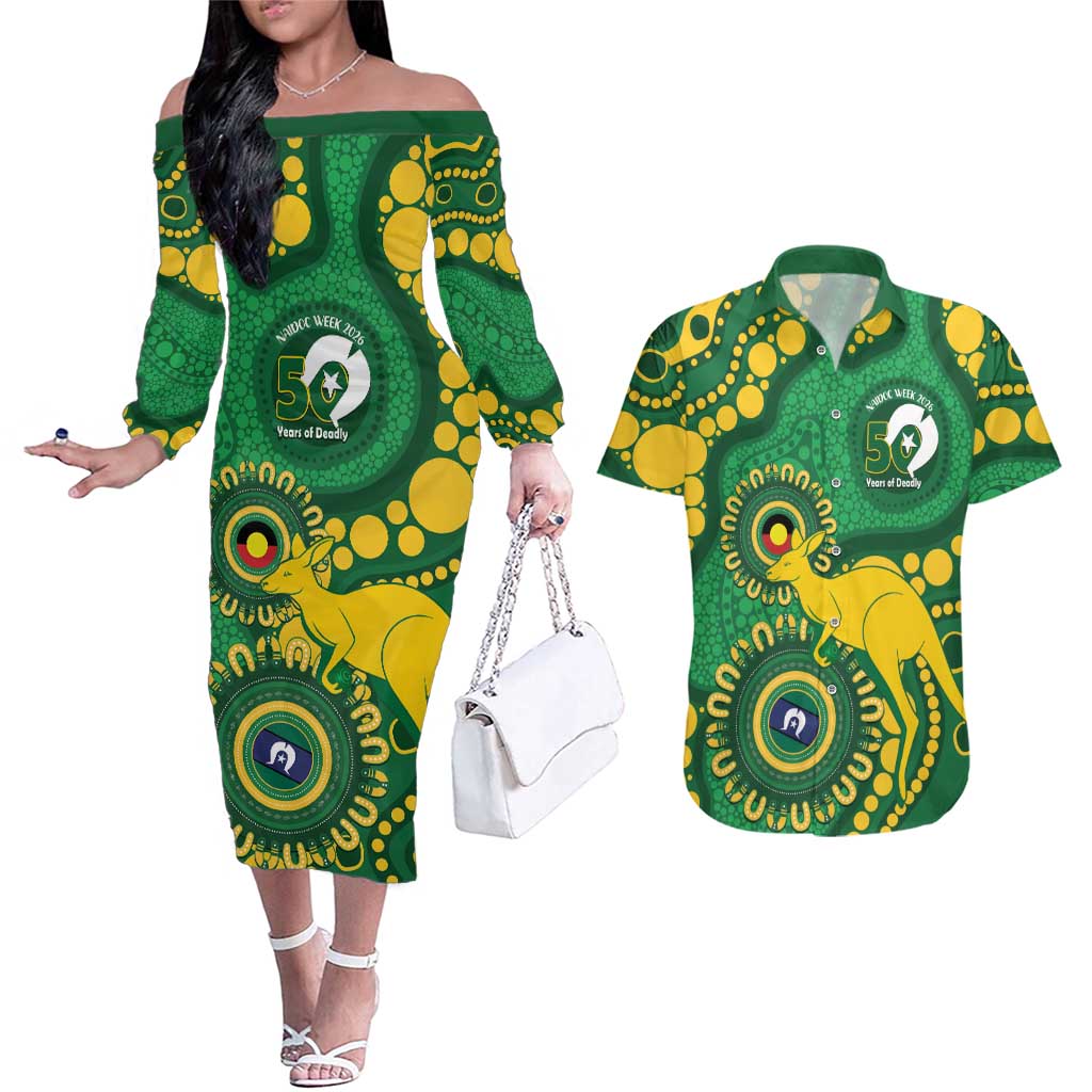 Bowls Australia NAIDOC Week 2026 Personalised Couples Matching Off The Shoulder Long Sleeve Dress and Hawaiian Shirt 50 Years Deadly Kangaroo Indigenous Art