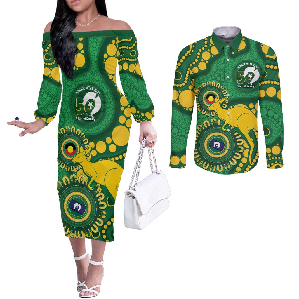 Bowls Australia NAIDOC Week 2026 Personalised Couples Matching Off The Shoulder Long Sleeve Dress and Long Sleeve Button Shirt 50 Years Deadly Kangaroo Indigenous Art