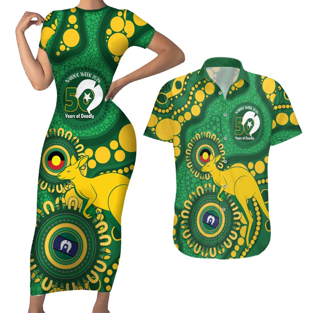 Bowls Australia NAIDOC Week 2026 Personalised Couples Matching Short Sleeve Bodycon Dress and Hawaiian Shirt 50 Years Deadly Kangaroo Indigenous Art