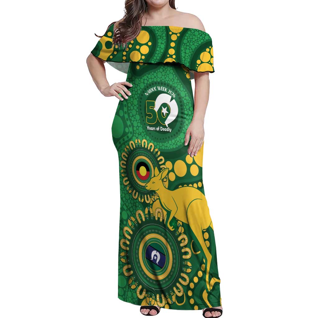 Bowls Australia NAIDOC Week 2026 Personalised Off Shoulder Maxi Dress 50 Years Deadly Kangaroo Indigenous Art