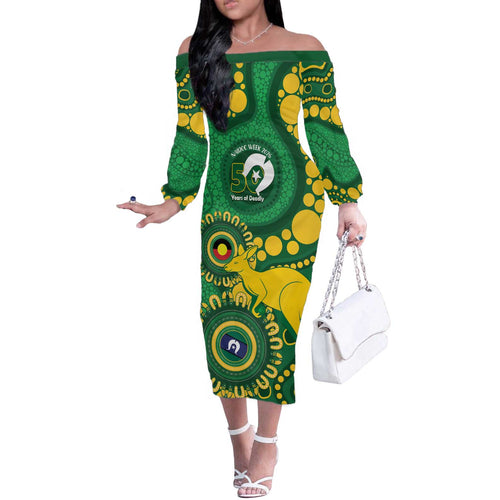 Bowls Australia NAIDOC Week 2026 Personalised Off The Shoulder Long Sleeve Dress 50 Years Deadly Kangaroo Indigenous Art
