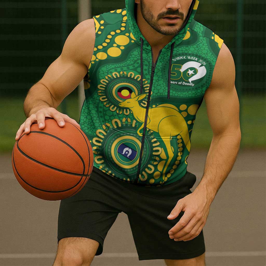 Bowls Australia NAIDOC Week 2026 Personalised Sleeveless Zip Hoodie 50 Years Deadly Kangaroo Indigenous Art