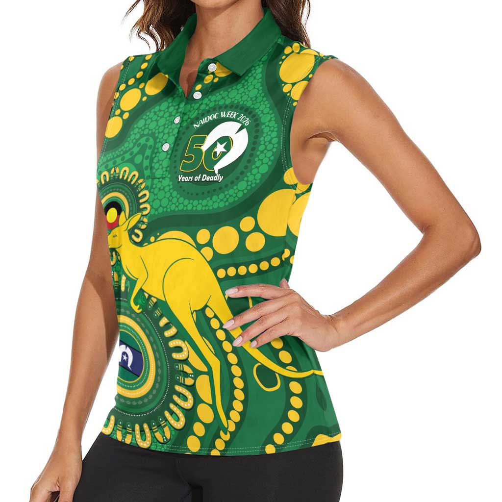 Bowls Australia NAIDOC Week 2026 Personalised Women Sleeveless Polo Shirt 50 Years Deadly Kangaroo Indigenous Art