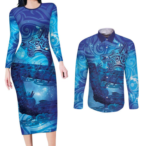 Kuri New Zealand Matariki Couples Matching Long Sleeve Bodycon Dress and Long Sleeve Button Shirt Aotearoa Dog Waka Maori New Year Galaxy Vibes