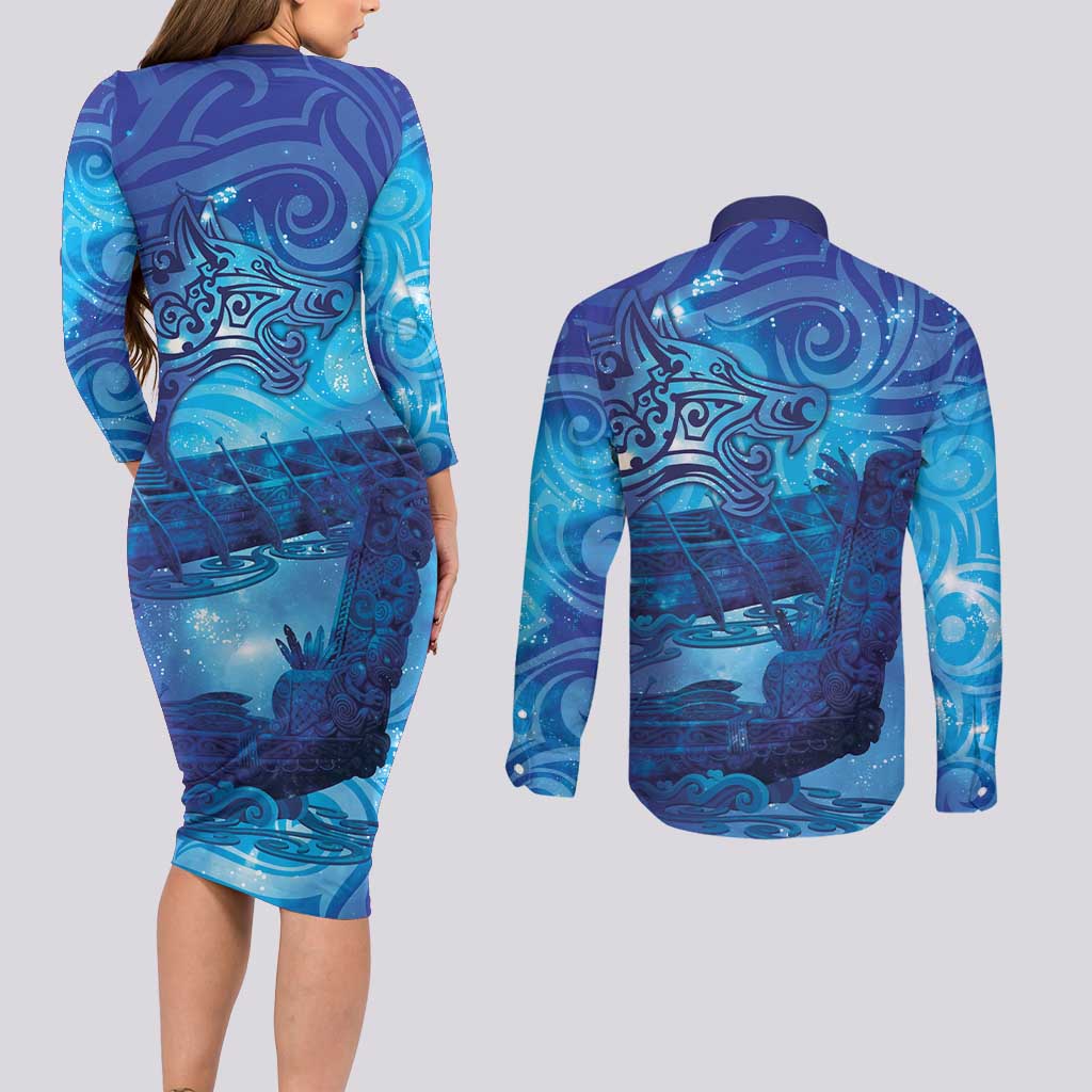 Kuri New Zealand Matariki Couples Matching Long Sleeve Bodycon Dress and Long Sleeve Button Shirt Aotearoa Dog Waka Maori New Year Galaxy Vibes
