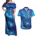 Kuri New Zealand Matariki Couples Matching Off Shoulder Maxi Dress and Hawaiian Shirt Aotearoa Dog Waka Maori New Year Galaxy Vibes