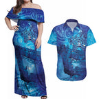 Kuri New Zealand Matariki Couples Matching Off Shoulder Maxi Dress and Hawaiian Shirt Aotearoa Dog Waka Maori New Year Galaxy Vibes