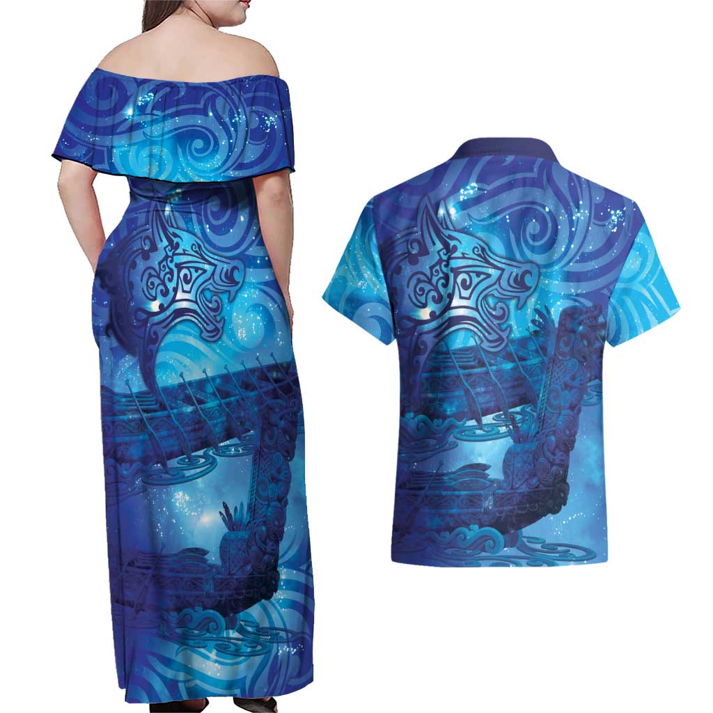 Kuri New Zealand Matariki Couples Matching Off Shoulder Maxi Dress and Hawaiian Shirt Aotearoa Dog Waka Maori New Year Galaxy Vibes