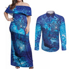 Kuri New Zealand Matariki Couples Matching Off Shoulder Maxi Dress and Long Sleeve Button Shirt Aotearoa Dog Waka Maori New Year Galaxy Vibes