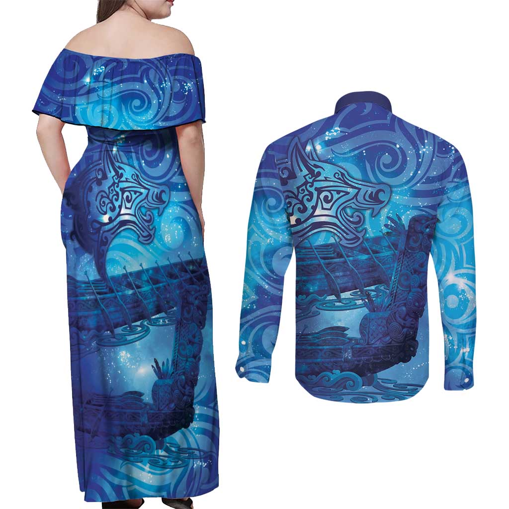 Kuri New Zealand Matariki Couples Matching Off Shoulder Maxi Dress and Long Sleeve Button Shirt Aotearoa Dog Waka Maori New Year Galaxy Vibes