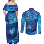Kuri New Zealand Matariki Couples Matching Off Shoulder Maxi Dress and Long Sleeve Button Shirt Aotearoa Dog Waka Maori New Year Galaxy Vibes
