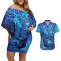 Kuri New Zealand Matariki Couples Matching Off Shoulder Short Dress and Hawaiian Shirt Aotearoa Dog Waka Maori New Year Galaxy Vibes
