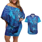 Kuri New Zealand Matariki Couples Matching Off Shoulder Short Dress and Hawaiian Shirt Aotearoa Dog Waka Maori New Year Galaxy Vibes
