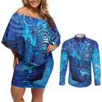 Kuri New Zealand Matariki Couples Matching Off Shoulder Short Dress and Long Sleeve Button Shirt Aotearoa Dog Waka Maori New Year Galaxy Vibes