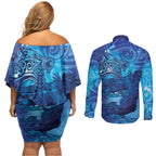 Kuri New Zealand Matariki Couples Matching Off Shoulder Short Dress and Long Sleeve Button Shirt Aotearoa Dog Waka Maori New Year Galaxy Vibes