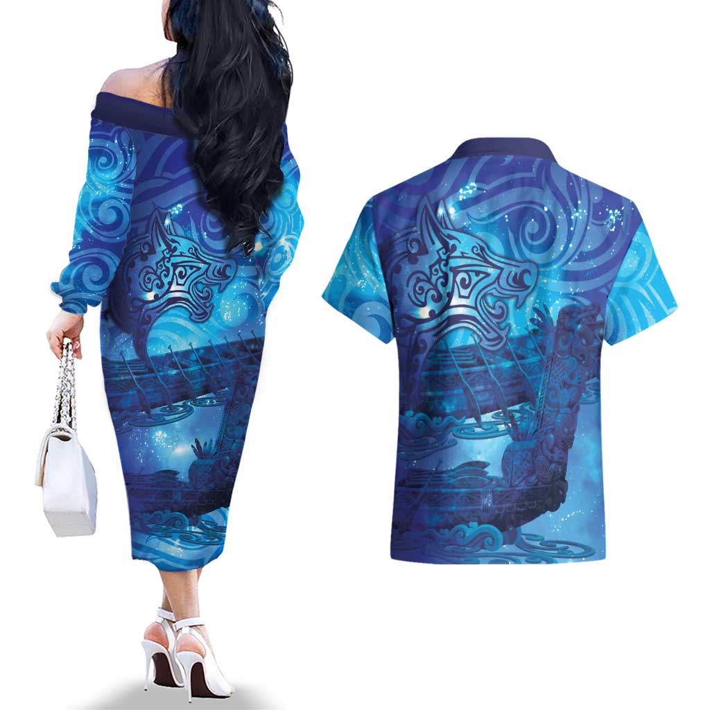 Kuri New Zealand Matariki Couples Matching Off The Shoulder Long Sleeve Dress and Hawaiian Shirt Aotearoa Dog Waka Maori New Year Galaxy Vibes