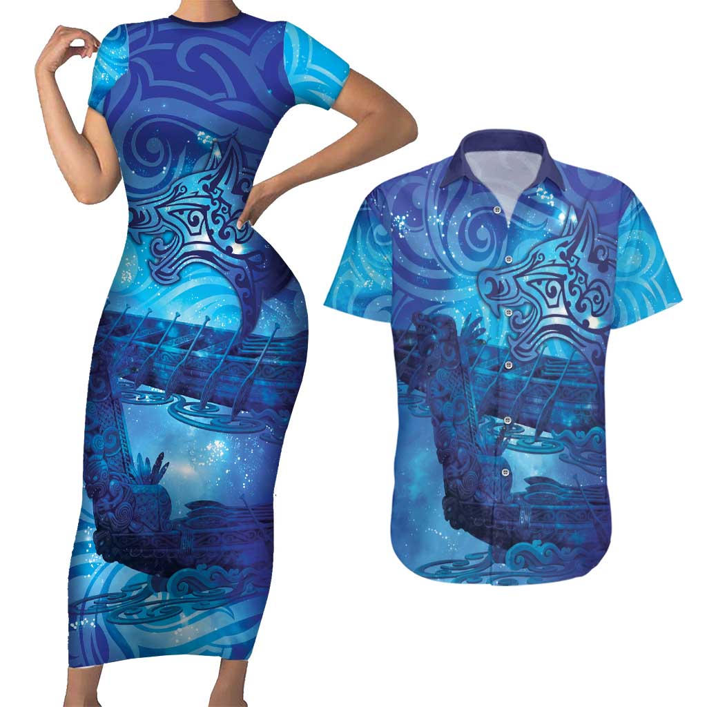 Kuri New Zealand Matariki Couples Matching Short Sleeve Bodycon Dress and Hawaiian Shirt Aotearoa Dog Waka Maori New Year Galaxy Vibes