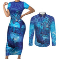 Kuri New Zealand Matariki Couples Matching Short Sleeve Bodycon Dress and Long Sleeve Button Shirt Aotearoa Dog Waka Maori New Year Galaxy Vibes