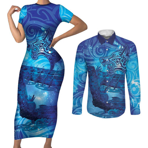Kuri New Zealand Matariki Couples Matching Short Sleeve Bodycon Dress and Long Sleeve Button Shirt Aotearoa Dog Waka Maori New Year Galaxy Vibes