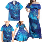 Kuri New Zealand Matariki Family Matching Off Shoulder Maxi Dress and Hawaiian Shirt Aotearoa Dog Waka Maori New Year Galaxy Vibes