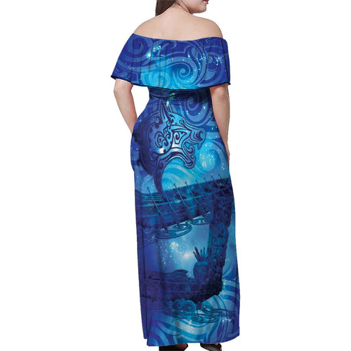 Kuri New Zealand Matariki Family Matching Off Shoulder Maxi Dress and Hawaiian Shirt Aotearoa Dog Waka Maori New Year Galaxy Vibes