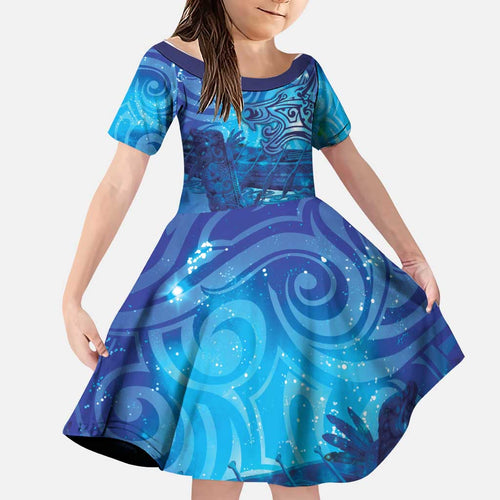 Kuri New Zealand Matariki Family Matching Off Shoulder Short Dress and Hawaiian Shirt Aotearoa Dog Waka Maori New Year Galaxy Vibes
