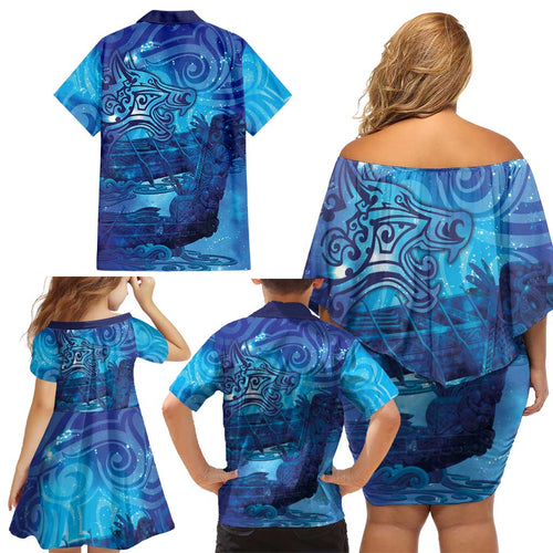 Kuri New Zealand Matariki Family Matching Off Shoulder Short Dress and Hawaiian Shirt Aotearoa Dog Waka Maori New Year Galaxy Vibes